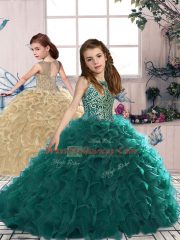 Fashionable Beading and Ruffles Quinceanera Gowns Peacock Green Lace Up Sleeveless Floor Length