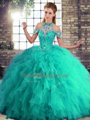 Turquoise Lace Up Ball Gown Prom Dress Beading and Ruffles Sleeveless Floor Length