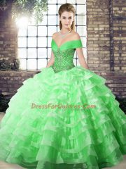 High Class Sleeveless Brush Train Lace Up Beading and Ruffled Layers Quinceanera Gown