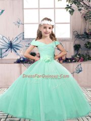 Sleeveless Floor Length Lace and Belt Lace Up Little Girls Pageant Dress with Apple Green