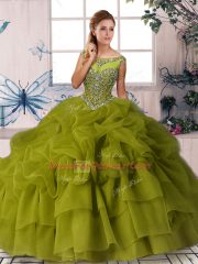 Custom Fit Olive Green Scoop Zipper Beading and Pick Ups Vestidos de Quinceanera Brush Train Sleeveless