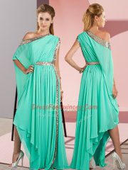 Asymmetrical Turquoise Custom Made One Shoulder Sleeveless Side Zipper