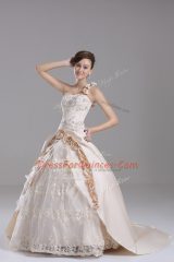 Vintage Brush Train Ball Gowns Quinceanera Gown Champagne One Shoulder Satin Sleeveless Lace Up