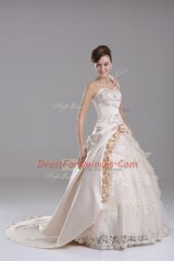 Vintage Brush Train Ball Gowns Quinceanera Gown Champagne One Shoulder Satin Sleeveless Lace Up