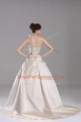 Vintage Brush Train Ball Gowns Quinceanera Gown Champagne One Shoulder Satin Sleeveless Lace Up