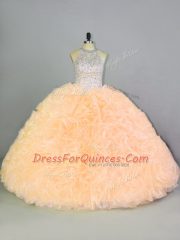 New Arrival Peach Lace Up 15 Quinceanera Dress Beading and Ruffles Sleeveless Floor Length