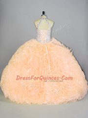 New Arrival Peach Lace Up 15 Quinceanera Dress Beading and Ruffles Sleeveless Floor Length
