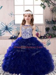 Royal Blue Lace Up Glitz Pageant Dress Beading and Ruffles Sleeveless Floor Length
