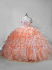 Lace Up Ball Gown Prom Dress Orange and In with Beading and Ruffles and Pick Ups Brush Train