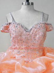 Lace Up Ball Gown Prom Dress Orange and In with Beading and Ruffles and Pick Ups Brush Train