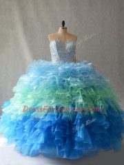Flare Floor Length Multi-color Quinceanera Gown Organza Sleeveless Beading and Ruffles