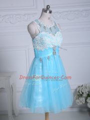 Popular Mini Length Zipper Aqua Blue for Prom and Party and Military Ball with Lace and Appliques