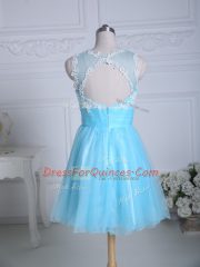 Popular Mini Length Zipper Aqua Blue for Prom and Party and Military Ball with Lace and Appliques