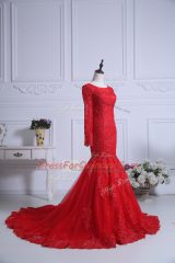 Red Evening Dress Tulle Court Train Long Sleeves Lace