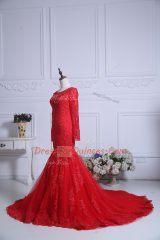 Red Evening Dress Tulle Court Train Long Sleeves Lace