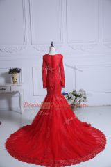 Red Evening Dress Tulle Court Train Long Sleeves Lace