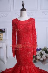 Red Evening Dress Tulle Court Train Long Sleeves Lace