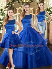 Royal Blue Sleeveless Floor Length Ruffled Layers Lace Up 15th Birthday Dress