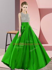Sleeveless Elastic Woven Satin Floor Length Backless Evening Dress in Green with Beading