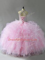 Pink Tulle Lace Up Halter Top Sleeveless Floor Length Ball Gown Prom Dress Beading and Ruffles