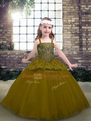 Custom Fit Sleeveless Floor Length Beading Lace Up Little Girl Pageant Gowns with Olive Green