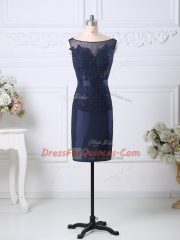 Graceful Sleeveless Satin Knee Length Zipper Prom Gown in Navy Blue with Beading and Lace