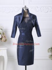 Graceful Sleeveless Satin Knee Length Zipper Prom Gown in Navy Blue with Beading and Lace