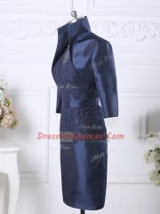 Graceful Sleeveless Satin Knee Length Zipper Prom Gown in Navy Blue with Beading and Lace