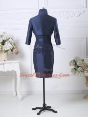 Graceful Sleeveless Satin Knee Length Zipper Prom Gown in Navy Blue with Beading and Lace