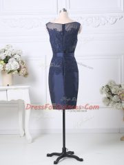 Graceful Sleeveless Satin Knee Length Zipper Prom Gown in Navy Blue with Beading and Lace