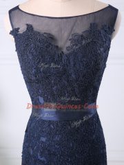 Graceful Sleeveless Satin Knee Length Zipper Prom Gown in Navy Blue with Beading and Lace