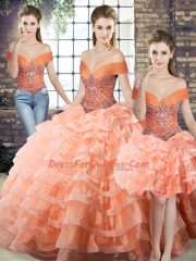 Lace Up Vestidos de Quinceanera Peach for Military Ball and Sweet 16 and Quinceanera with Beading and Ruffled Layers Brush Train