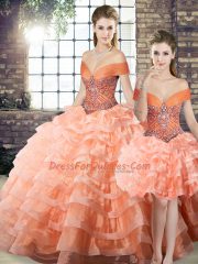 Lace Up Vestidos de Quinceanera Peach for Military Ball and Sweet 16 and Quinceanera with Beading and Ruffled Layers Brush Train