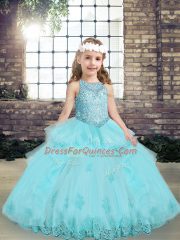 Latest Sleeveless Floor Length Beading and Lace and Appliques Lace Up Little Girls Pageant Dress with Aqua Blue