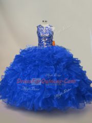 Floor Length Royal Blue Sweet 16 Dress Organza Sleeveless Ruffles and Sequins