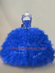 Floor Length Royal Blue Sweet 16 Dress Organza Sleeveless Ruffles and Sequins