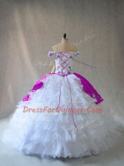 Perfect White And Purple Sleeveless Organza Lace Up Quinceanera Gowns for Sweet 16 and Quinceanera