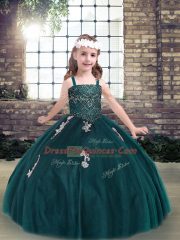 Spaghetti Straps Sleeveless Custom Made Pageant Dress Floor Length Appliques Teal Tulle