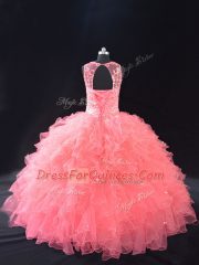 Wonderful Floor Length Watermelon Red Sweet 16 Dress Organza Sleeveless Beading and Ruffles