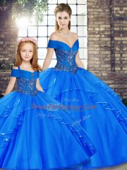 Sumptuous Royal Blue Ball Gowns Tulle Off The Shoulder Sleeveless Beading and Ruffles Floor Length Lace Up Quinceanera Gowns