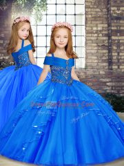 Sumptuous Royal Blue Ball Gowns Tulle Off The Shoulder Sleeveless Beading and Ruffles Floor Length Lace Up Quinceanera Gowns