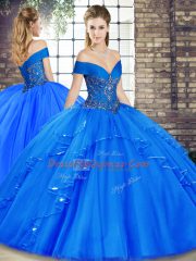 Sumptuous Royal Blue Ball Gowns Tulle Off The Shoulder Sleeveless Beading and Ruffles Floor Length Lace Up Quinceanera Gowns