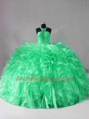 Adorable Sleeveless Organza Brush Train Lace Up Quince Ball Gowns in Green with Beading and Ruffles