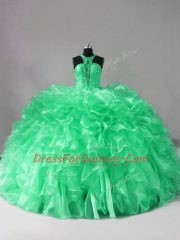Adorable Sleeveless Organza Brush Train Lace Up Quince Ball Gowns in Green with Beading and Ruffles