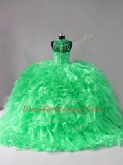 Adorable Sleeveless Organza Brush Train Lace Up Quince Ball Gowns in Green with Beading and Ruffles