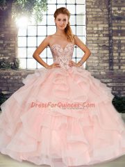 Nice Sleeveless Lace Up Floor Length Beading and Ruffles Quinceanera Gown