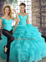 Stunning Off The Shoulder Sleeveless Ball Gown Prom Dress Floor Length Beading and Ruffles and Pick Ups Aqua Blue Organza