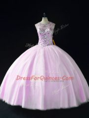 Lilac Sleeveless Tulle Lace Up Quince Ball Gowns for Sweet 16 and Quinceanera