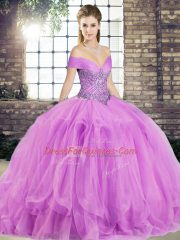Stunning Off The Shoulder Sleeveless Sweet 16 Dress Floor Length Beading and Ruffles Lilac Tulle