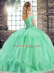 Stunning Off The Shoulder Sleeveless Sweet 16 Dress Floor Length Beading and Ruffles Lilac Tulle